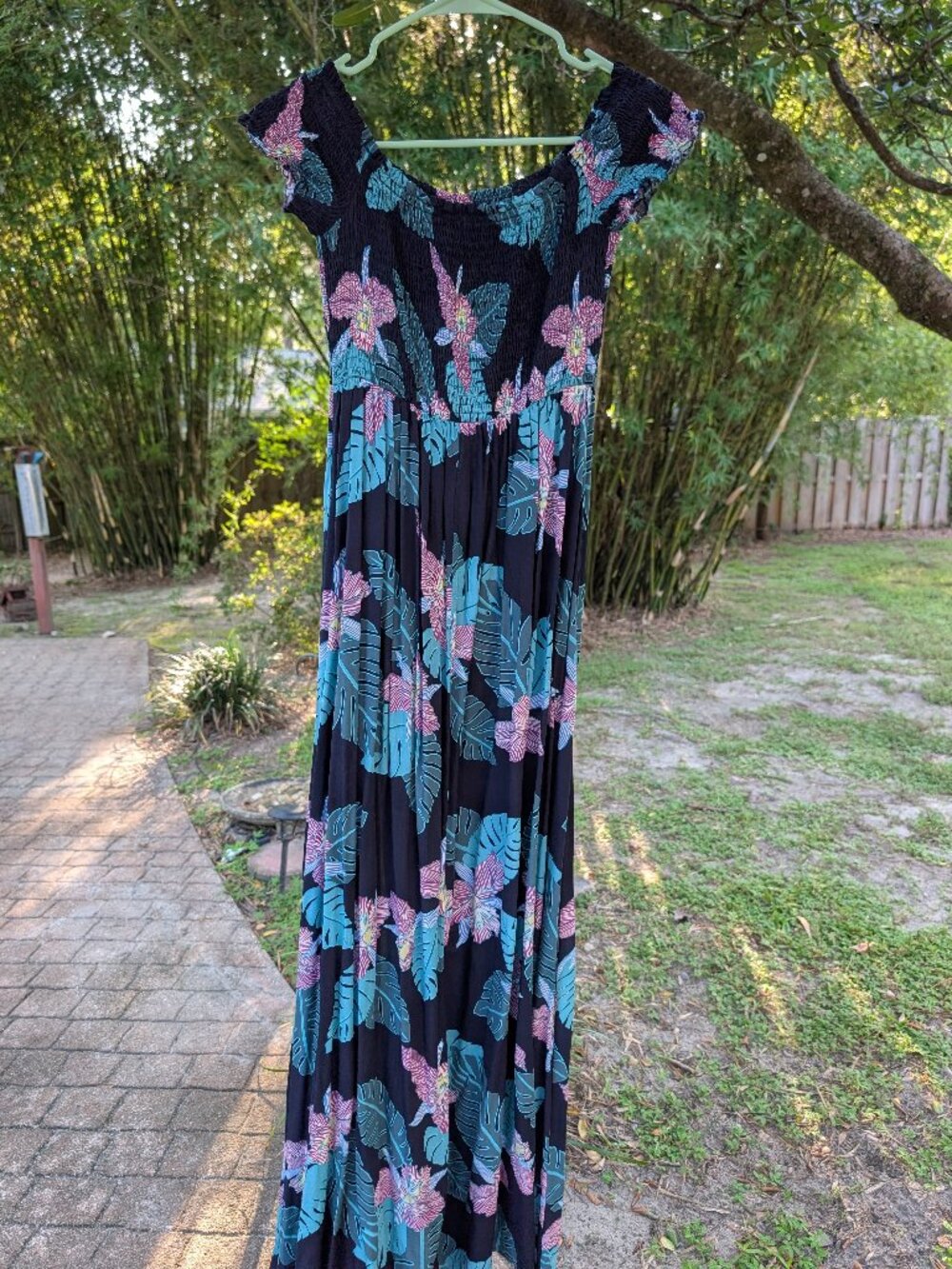 Lulus Navy Blue Floral Print Off-the-Shoulder Dress -- Small, Good Condition